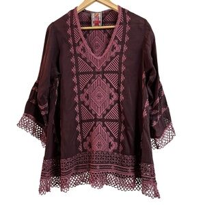 Johnny Was Renee Womens Small Tunic Maroon Boho Embroidered Lace V Neck Crochet